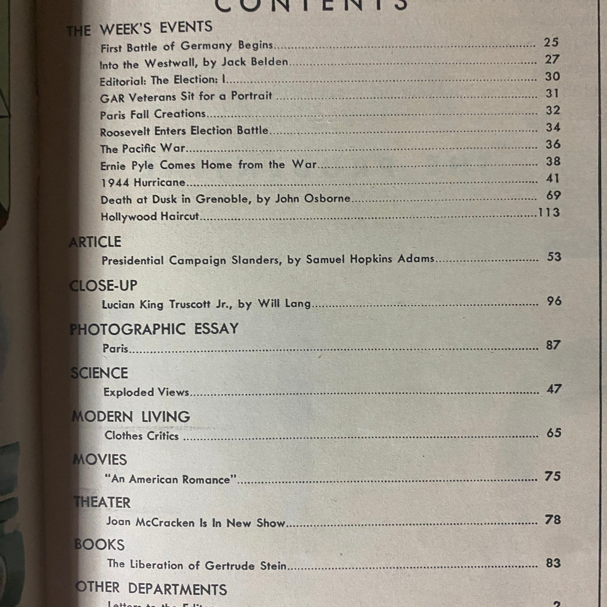 Contents page from Life Magazine October 2, 1944, listing significant articles including coverage on the First Battle of Germany and Lucian Truscott.
