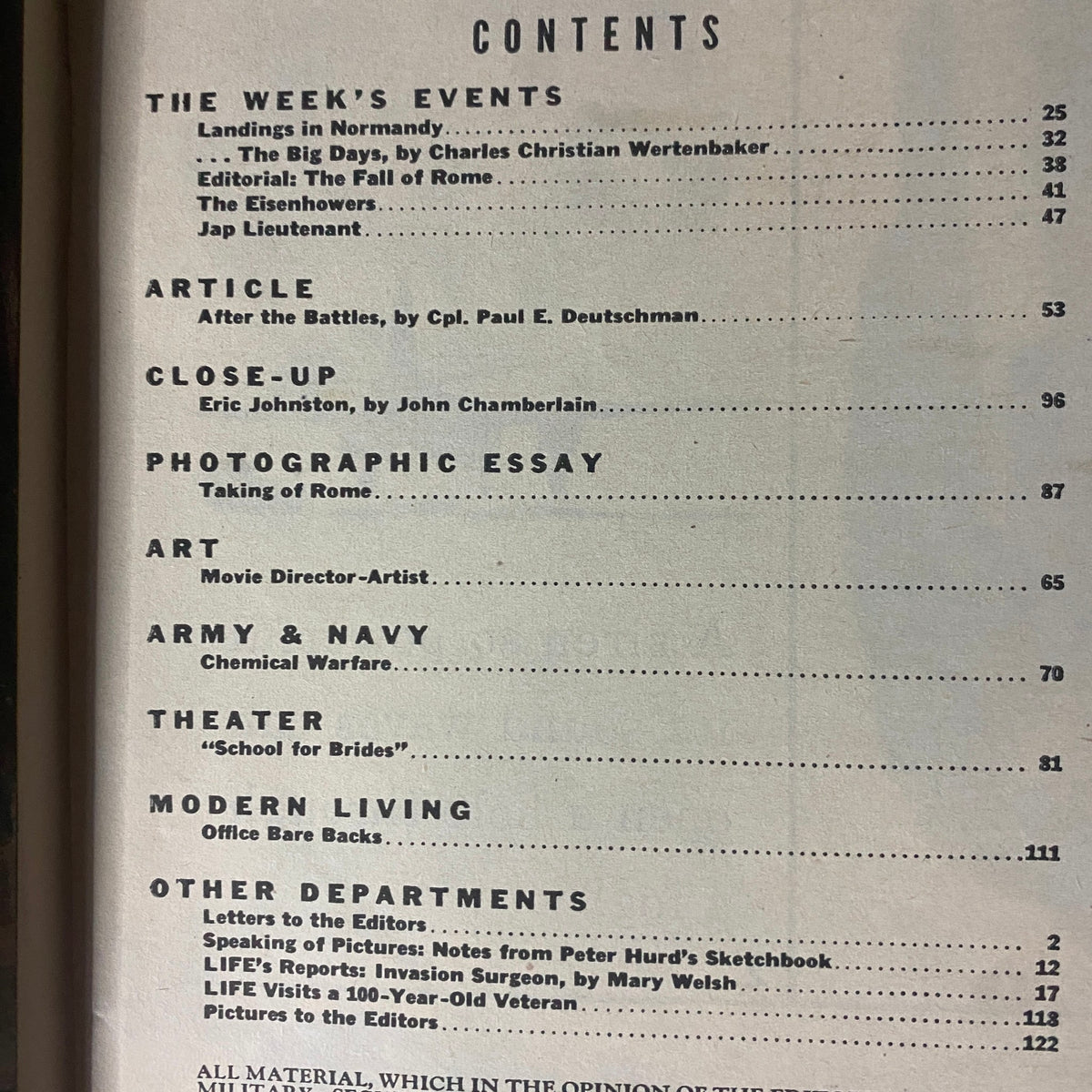 Contents page of Life Magazine June 19, 1944 featuring articles on the Normandy landings, Eisenhower family, and wartime strategy.