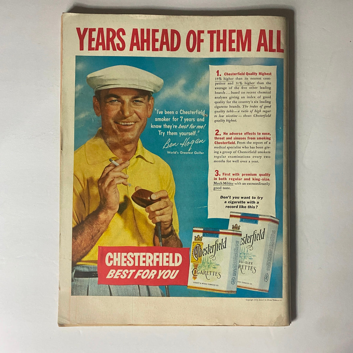 Advertisement page from Life Magazine, September 14, 1953 for Chesterfield cigarettes featuring Ben Hogan, highlighting quality and benefits.