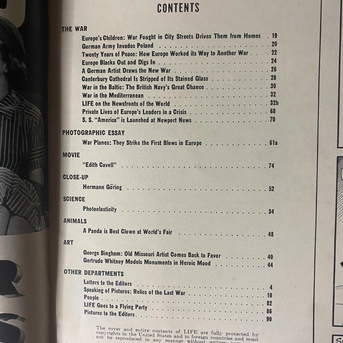 Life Magazine September 11, 1939 contents page highlighting articles like 'Europe's Children' and 'German Army Invades Poland', providing insights into pre-World War II events.