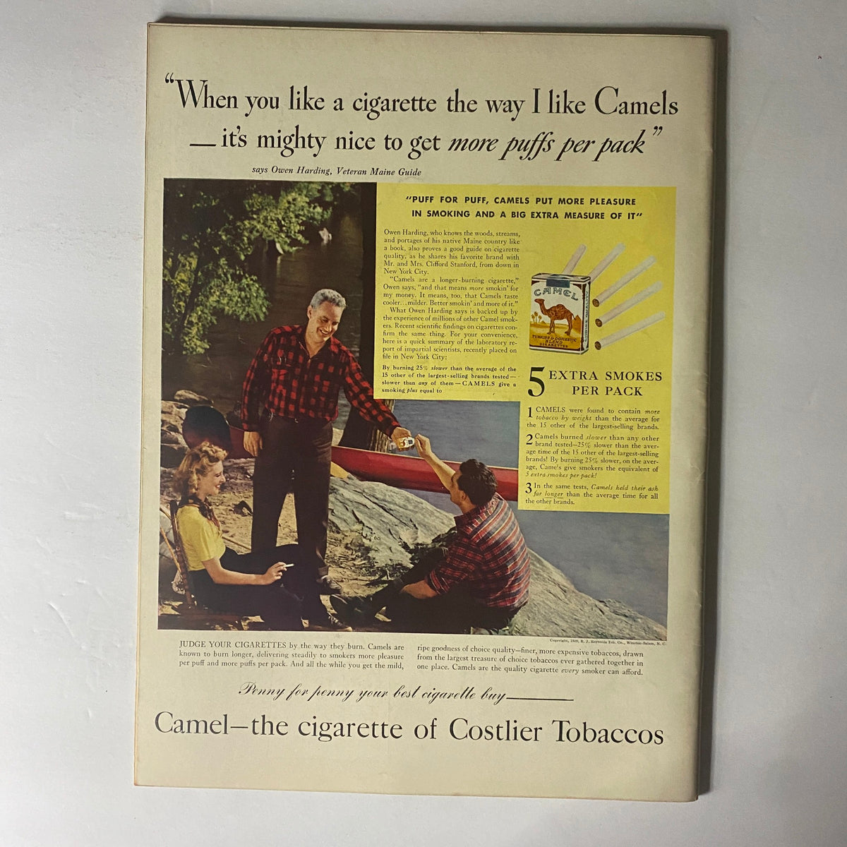 Vintage advertisement for Camel cigarettes featuring Owen Harding, promoting the brand with a scenic backdrop, showcasing the magazine's cultural context from the Life Magazine September 11, 1939 issue.