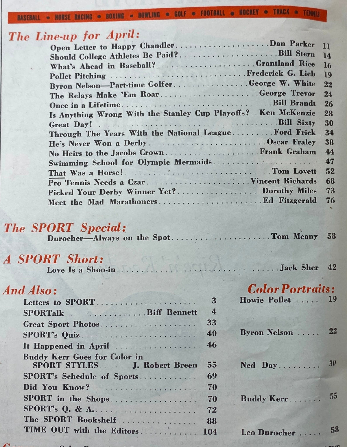 Table of contents from Sport Magazine April 1947 featuring Leo Durocher and Ted Williams on the cover, highlighting articles and topics such as Open Letter to Happy Chandler and Should College Athletes Be Paid?