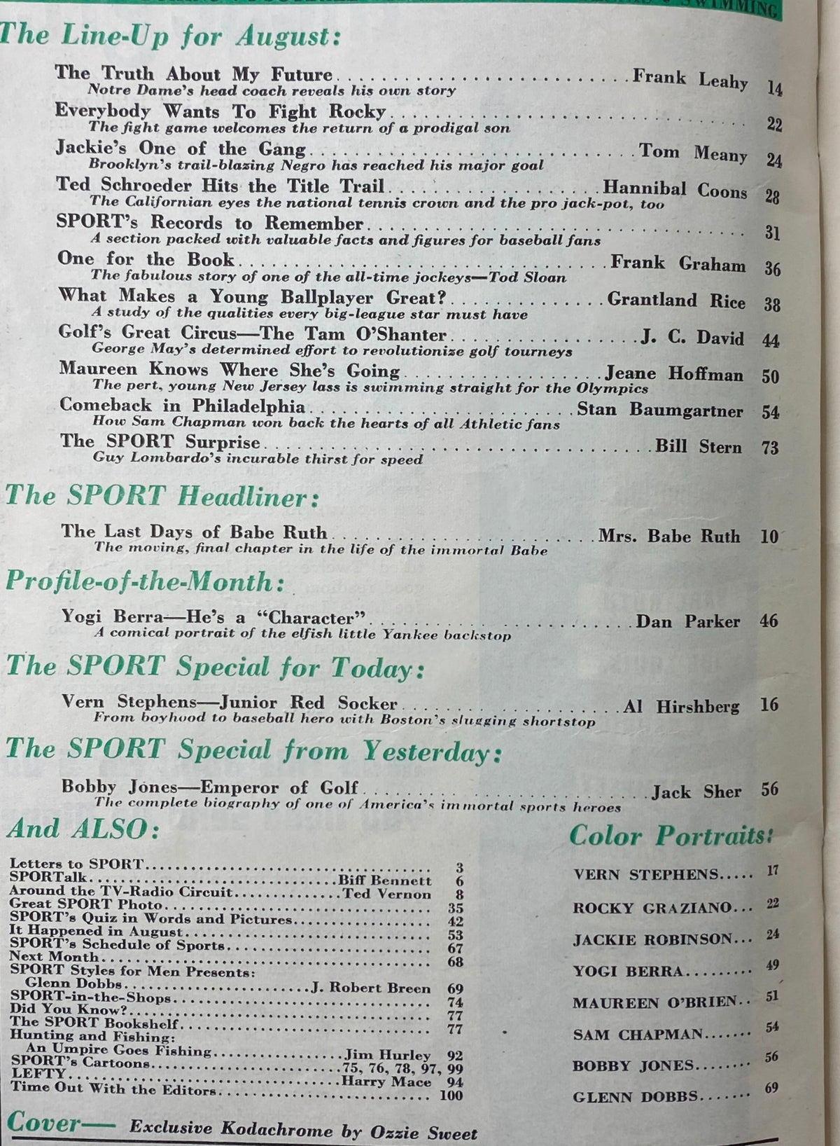 Interior page of Sport Magazine August 1949, listing articles and features about sports culture, including 'The Truth About My Future' and 'Everybody Wants To Fight Rocky'.
