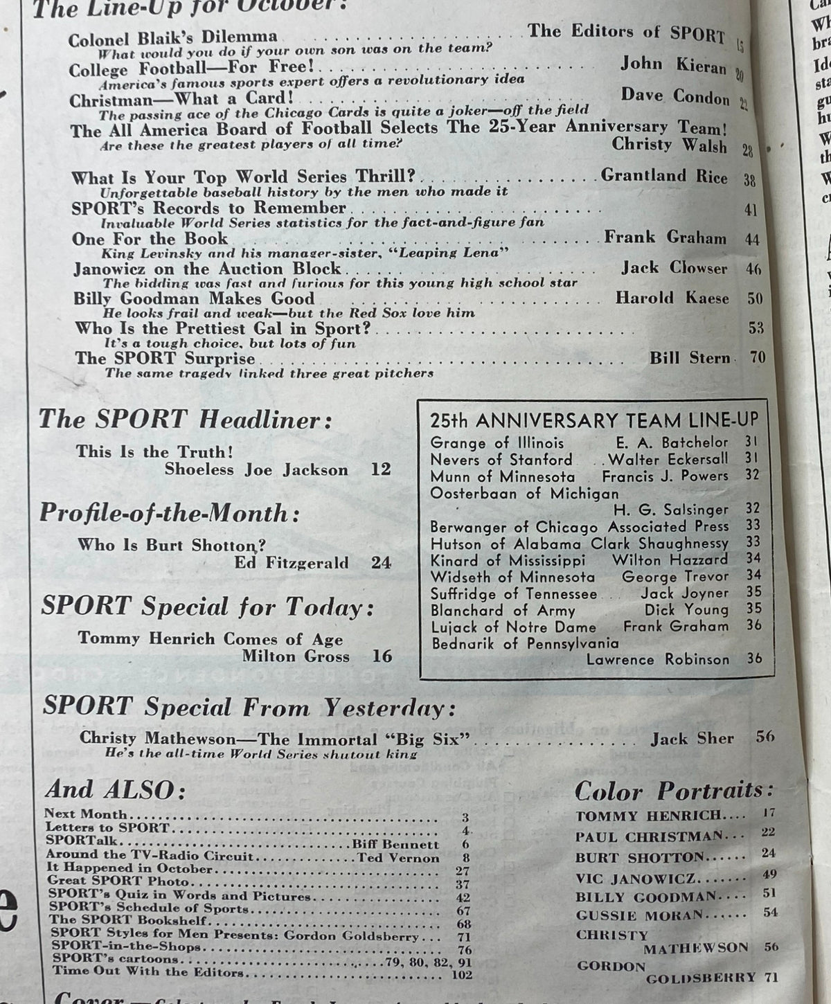 Interior page of Sport Magazine October 1949 displaying article titles and features including 'Colonel Blak's Dilemma' and 'Christy Mathewson—The Immortal "Big Six"'.