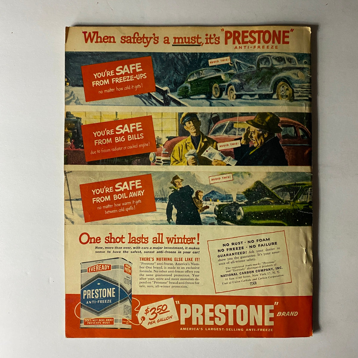 Vintage advertisement for Prestone Anti-Freeze showcasing benefits such as protection from freeze-ups, big bills, and boiling, with a call to action highlighting its safety features. Relevant to the Sport Magazine October 1949 featuring Christy Mathewson.