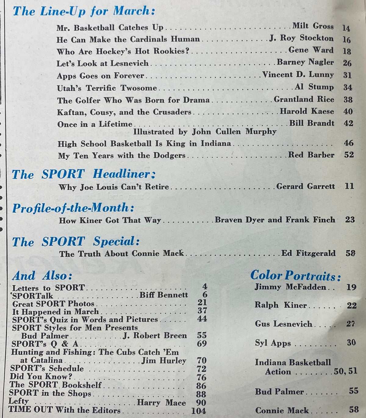 Interior contents page of Sport Magazine March 1948 listing articles and features including Mr. Basketball Catches Up and profiles of sports legends.