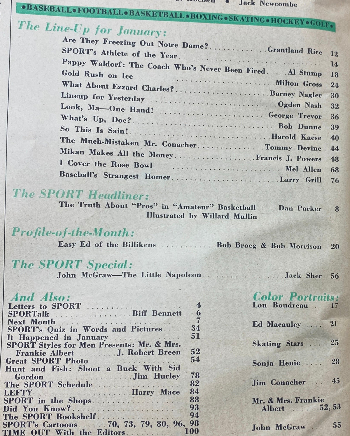 Interior page of Sport Magazine January 1949 with the lineup of articles including topics on basketball, football, and baseball, illustrating the vintage sports culture of the time.