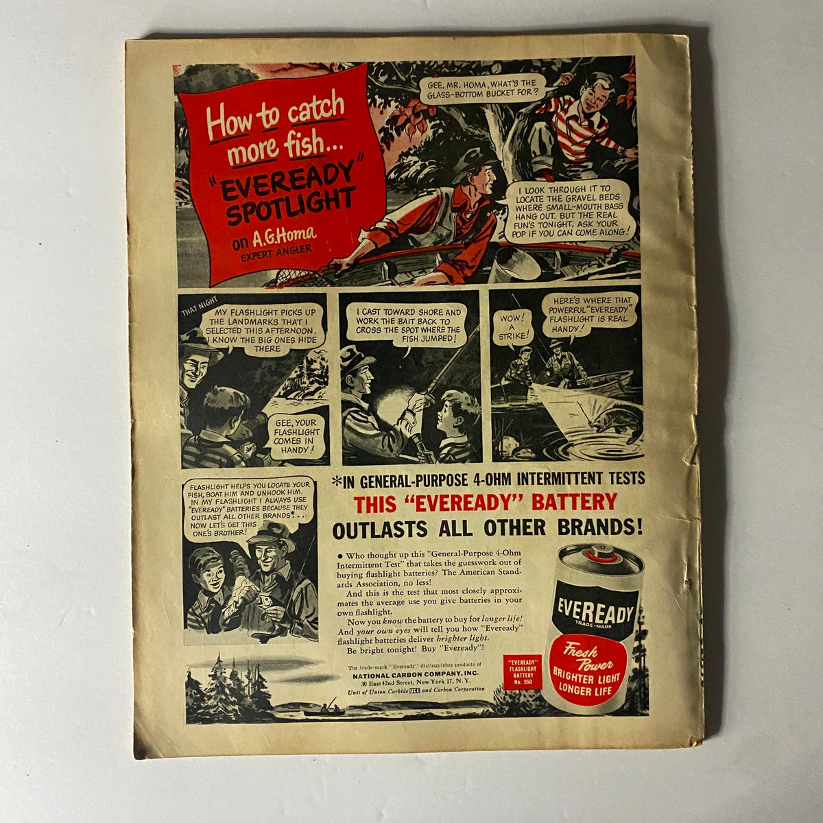 Back cover of Sport Magazine September 1948 with an advertisement for Eveready batteries, featuring fishing themed illustrations and dialogue.