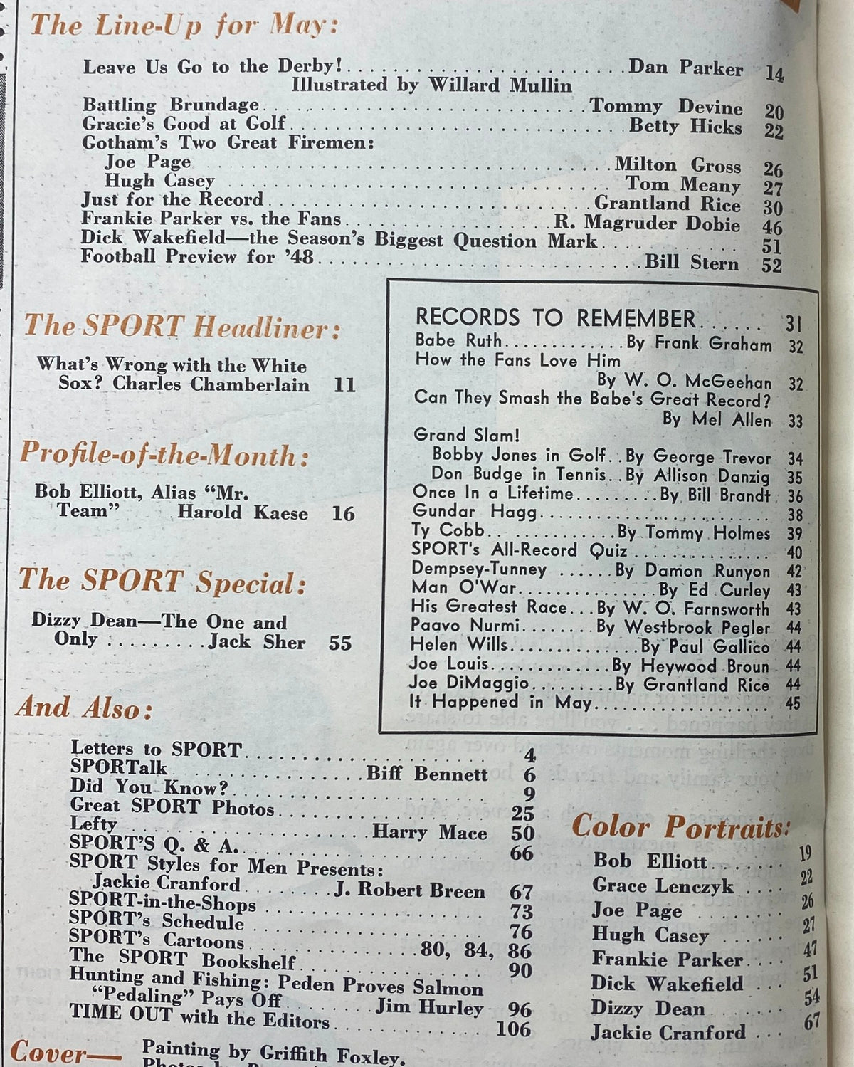 Table of contents from Sport Magazine May 1948 listing articles including 'What's Wrong with the White Sox?' and 'Dizzy Dean - The One and Only'.