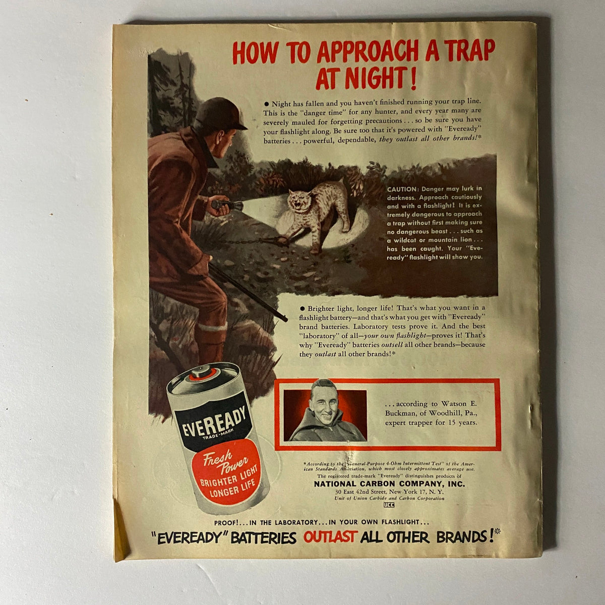 Back cover of Sport Magazine May 1948 with an advertisement for Eveready batteries, illustrating safety tips for hunting at night.