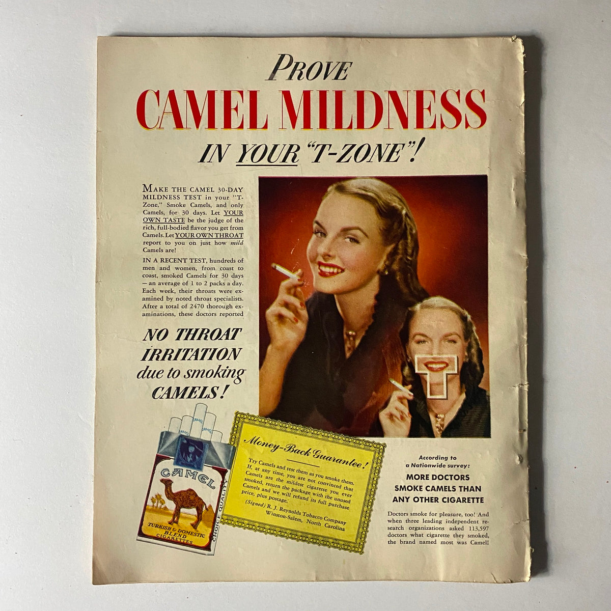 Vintage Camel cigarette advertisement featuring a woman with a cigarette, promoting the brand's mildness in the 'T-zone', as part of a marketing campaign from the mid-20th century.