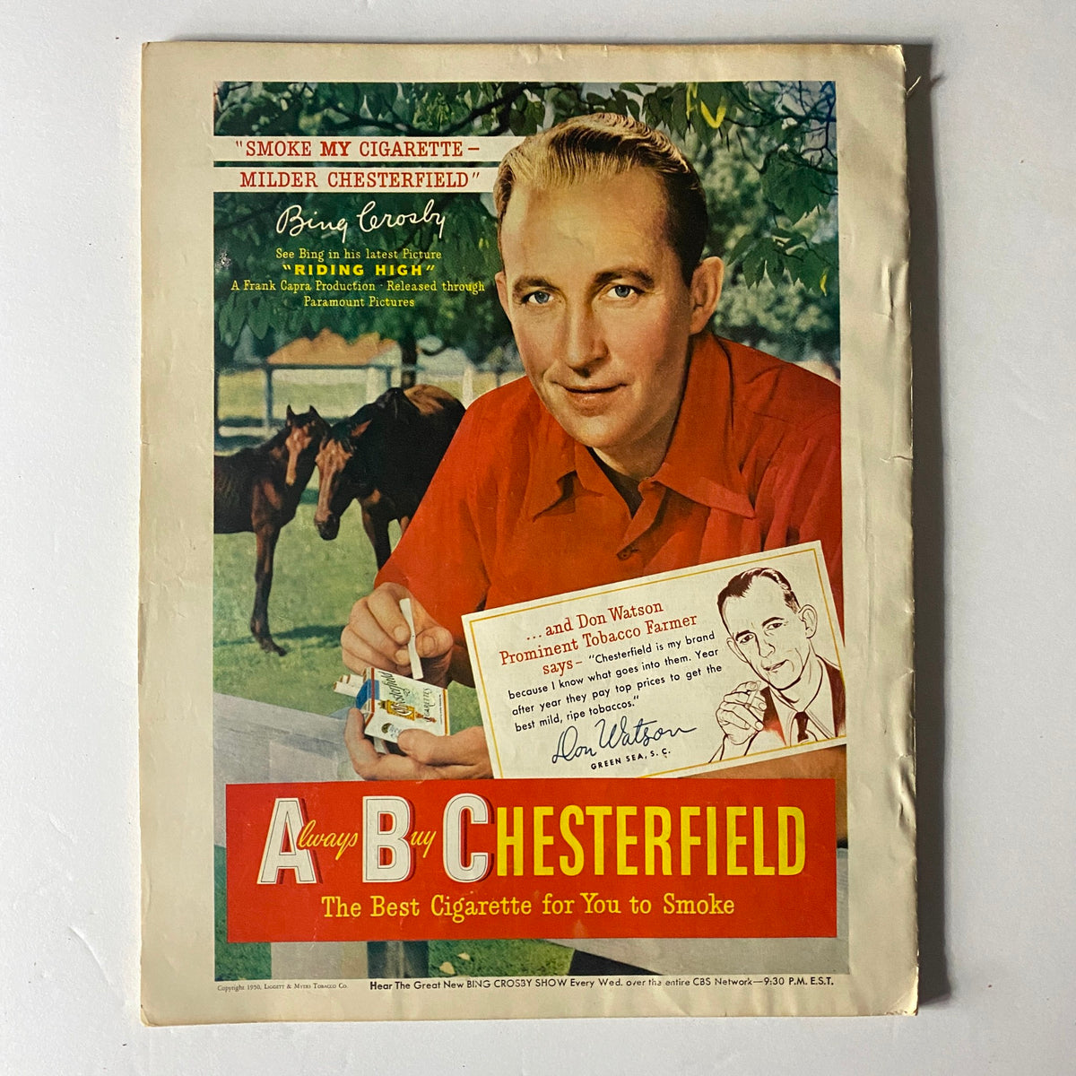 Vintage advertisement featuring Bing Crosby for Chesterfield cigarettes, from the Sport Magazine January 1950 issue, illustrating mid-20th century marketing and celebrity endorsements.
