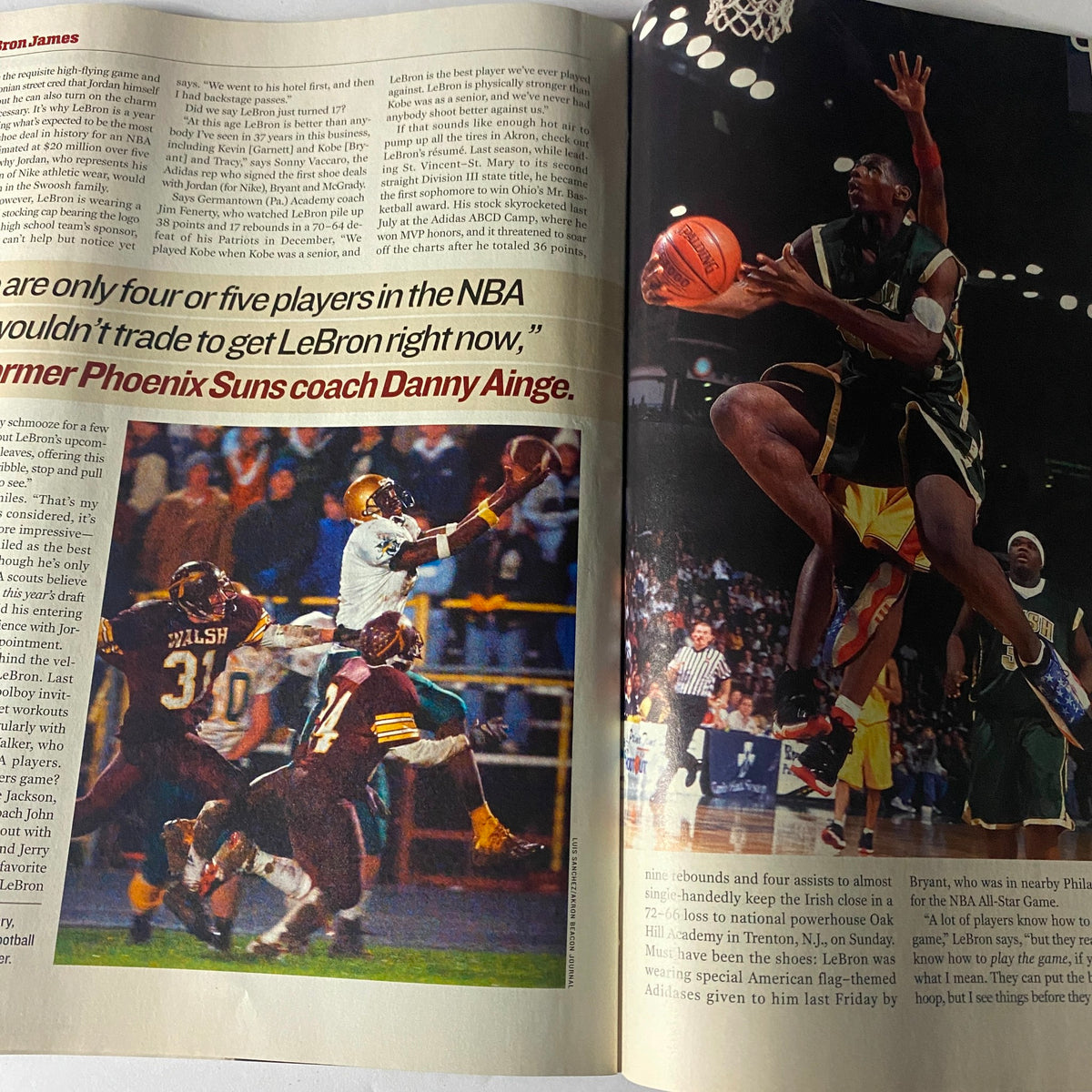 Sports Illustrated February 18, 2002 LeBron James Cover featuring action shots and highlights from his early career, showcasing statements from NBA experts.