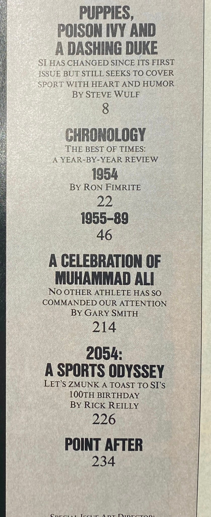 Interior page from Sports Illustrated November 15, 1989 Muhammad Ali Cover No Label VG, detailing articles including 'A Celebration of Muhammad Ali' and the magazine's year-by-year review.