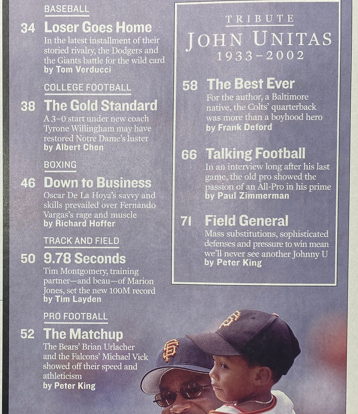 Interior page of Sports Illustrated, highlighting articles including a tribute to Johnny Unitas (1933-2002) and coverage of various sports like baseball, college football, and boxing.