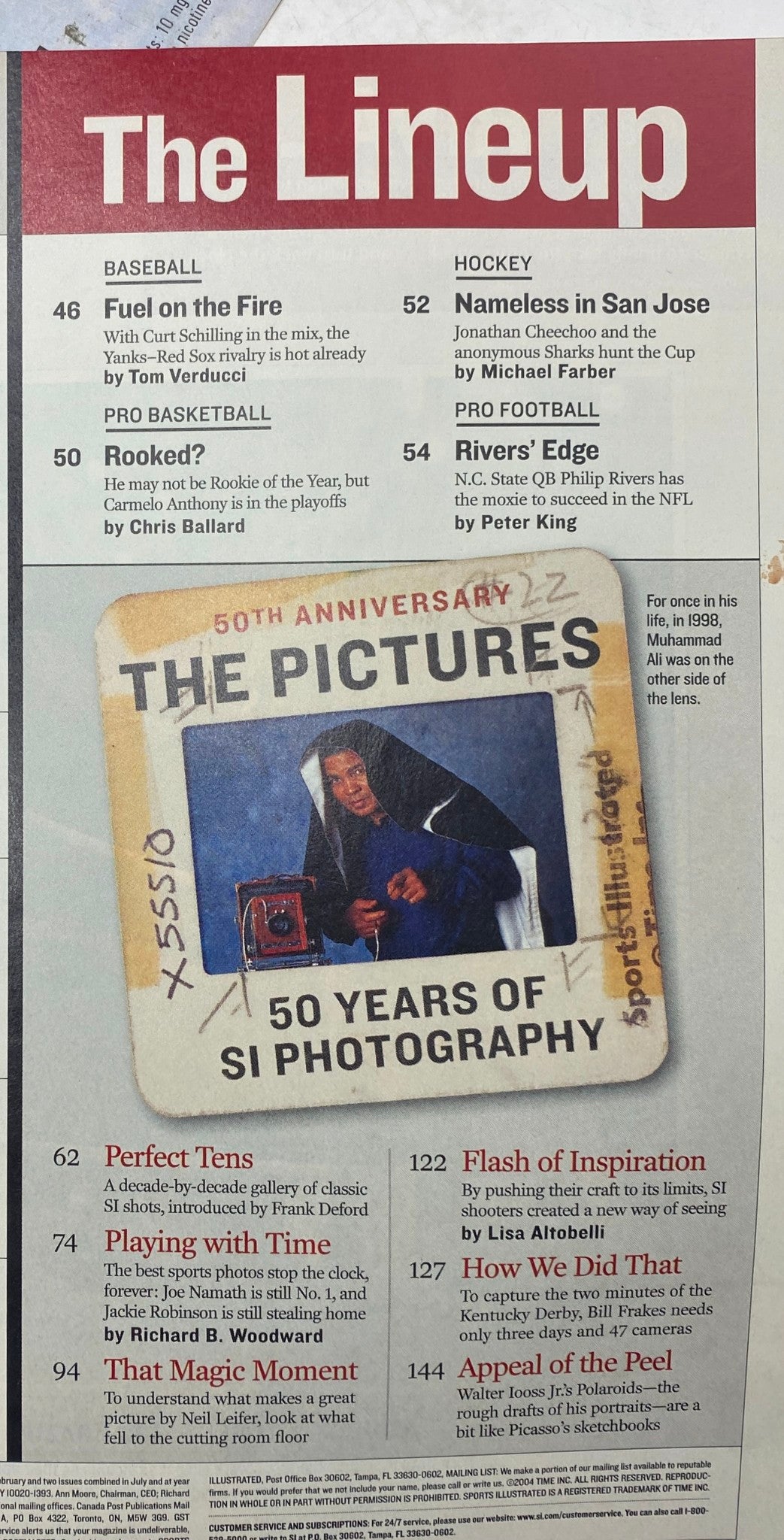 Table of contents for Sports Illustrated Magazine April 26 2004 The Pictures Special Issue featuring notable articles and photography highlights.