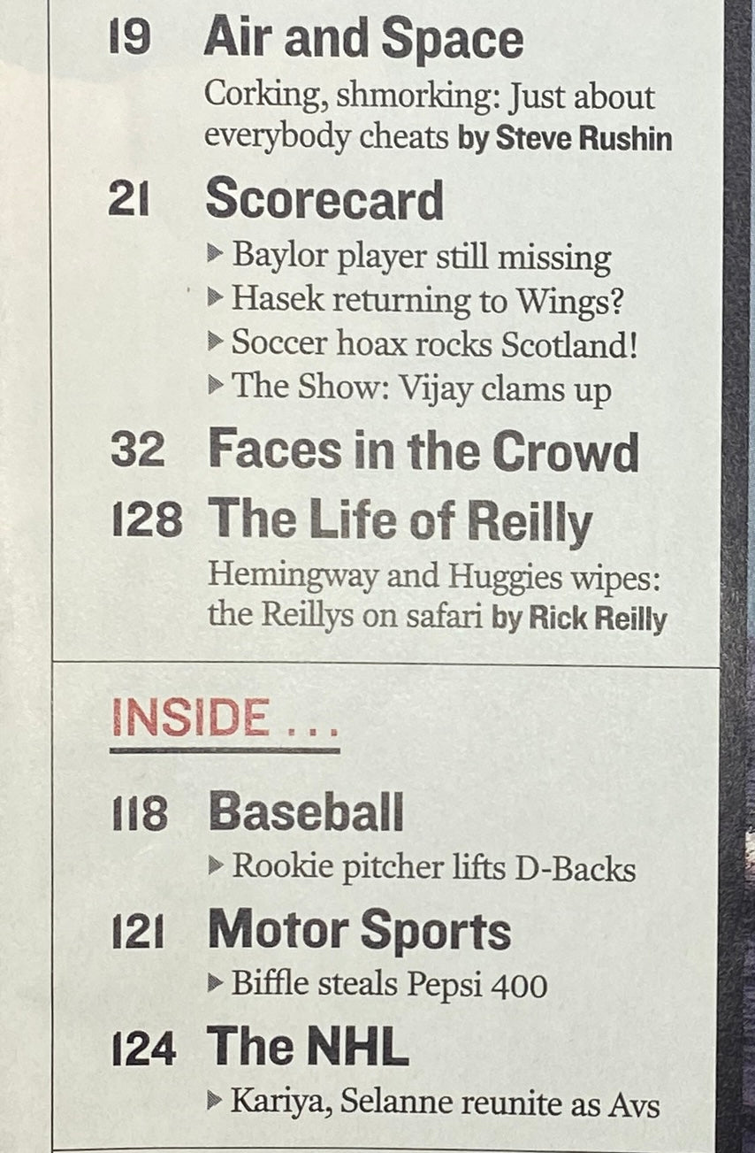Inside page of Sports Illustrated magazine July 14-21, 2003, including an article listing with topics such as Air and Space, Scorecard player stats, and the Life of Reilly.