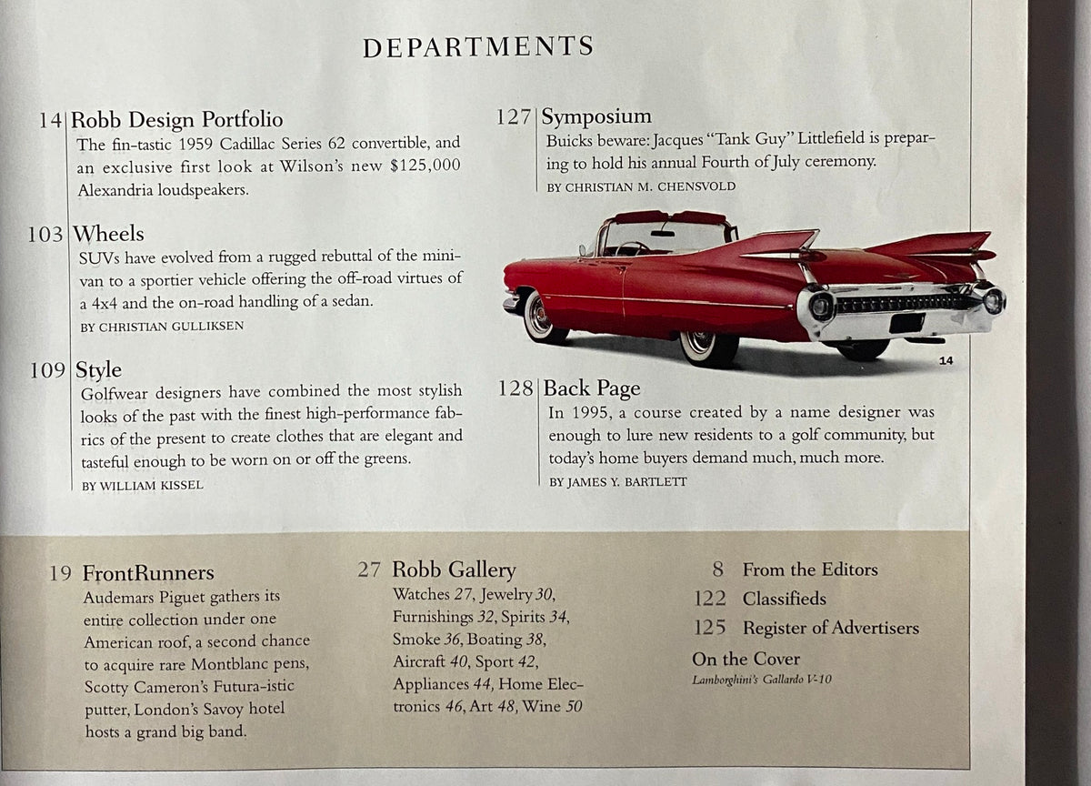 Interior page of Robb Report Car Magazine July 2003 displaying various automotive departments and articles related to luxury vehicles and design.