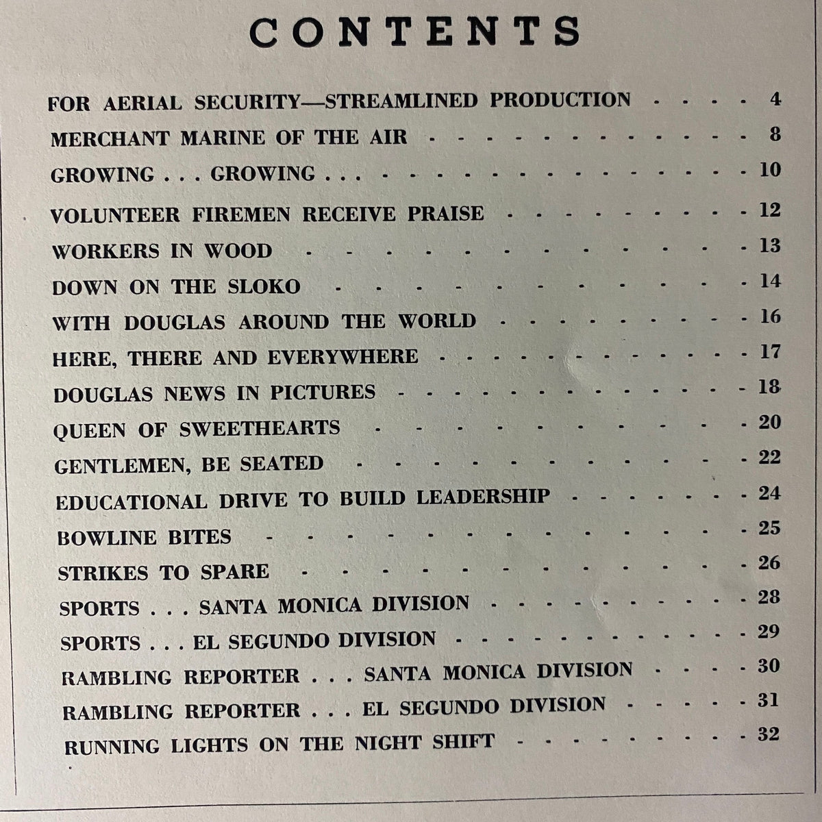 Contents page of Douglas Airview Magazine December 1940 listing articles on streamlined production and the merchant marine of the air, highlighting critical contributions to aviation during the era.