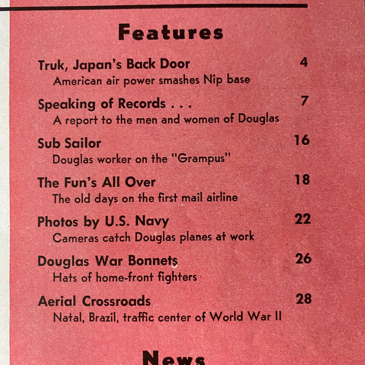 Table of contents from the Douglas Airview Magazine April 1944 listing features including 'Truck, Japan's Back Door' and 'Speaking of Records'.