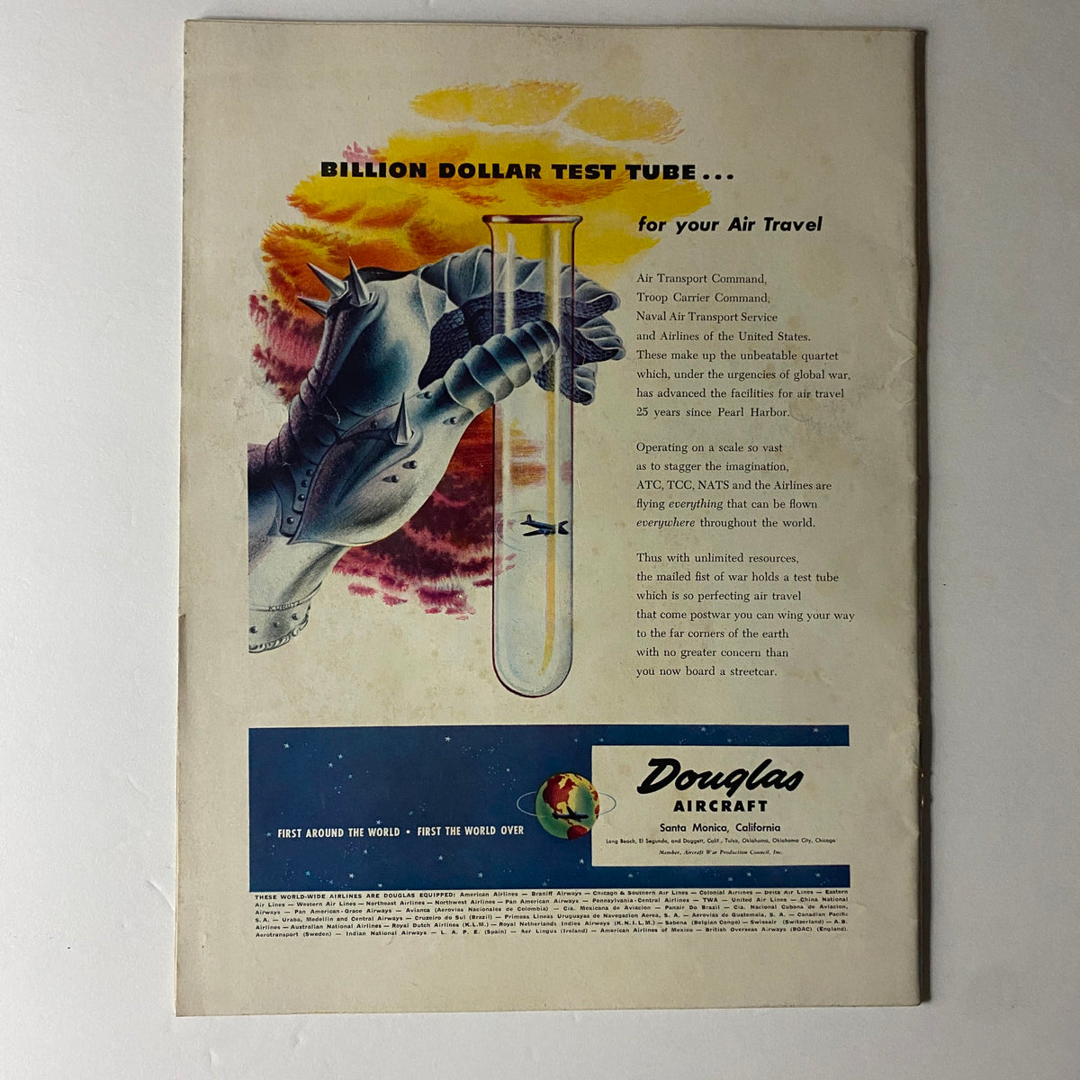 Back cover of Douglas Airview Magazine April 1944 advertising Douglas aircraft with an artistic illustration of a test tube, showcasing air travel innovations.