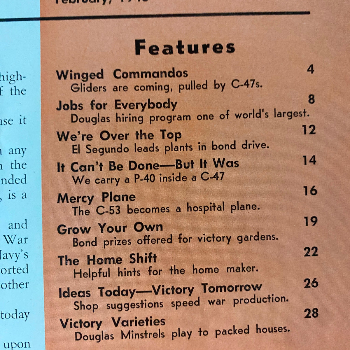 Douglas Airview Magazine February 1943 Winged Commandos features including 'Winged Commandos', 'Jobs for Everybody', and 'Mercy Plane'. Highlights the historical significance of gliders and the Douglas hiring program during WWII.