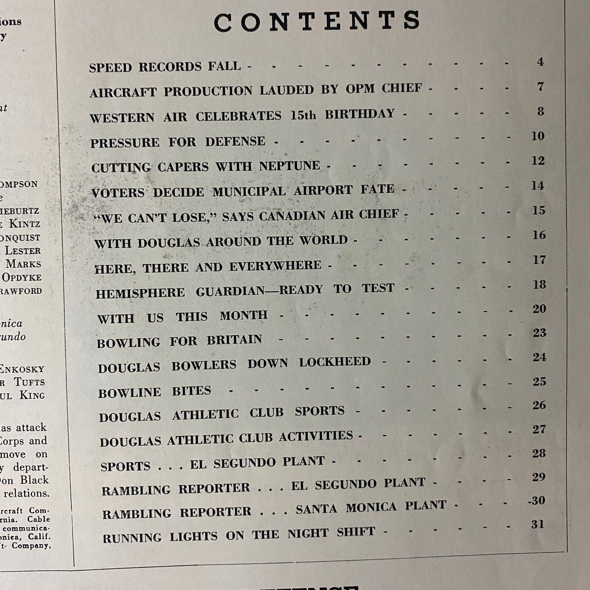 Contents page of Douglas Airview Magazine April 1941, detailing articles on aircraft production and defense, showcasing the magazine's historical significance.