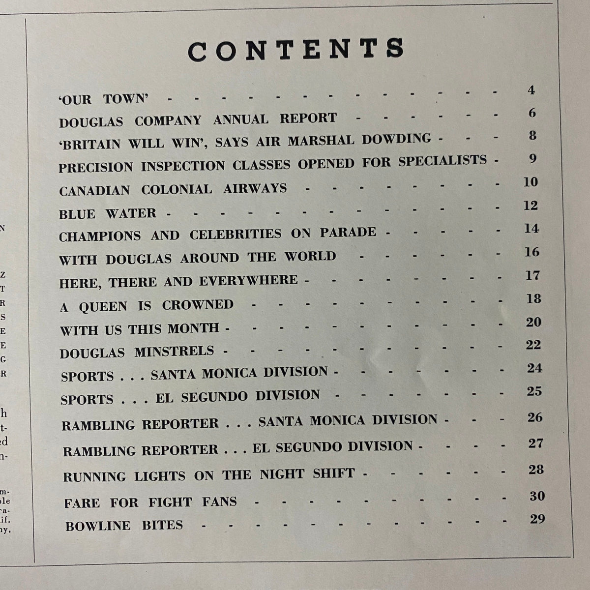 Table of contents from the Douglas Airview Magazine February 1941 detailing articles and features including 'Britain Will Win,' Canadian Colonial Airways, and more.