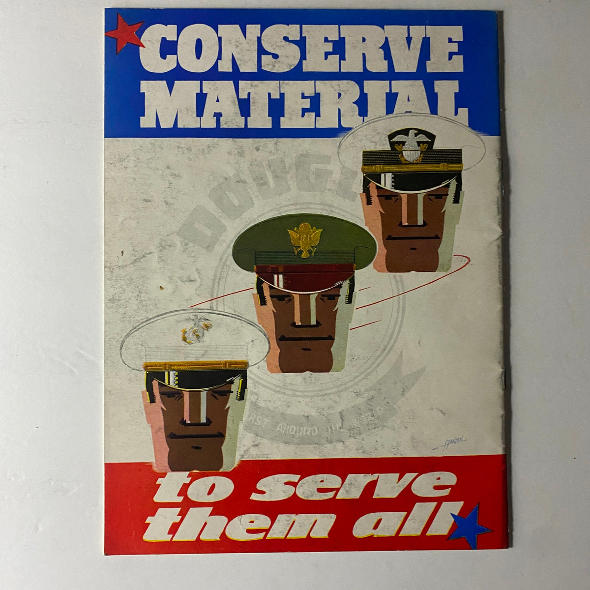 Douglas Airview Magazine February 1941 cover featuring military-themed artwork that emphasizes the conservation of materials, illustrated by stylized soldiers in different uniforms, highlighting the magazine's historical context and vintage appeal.