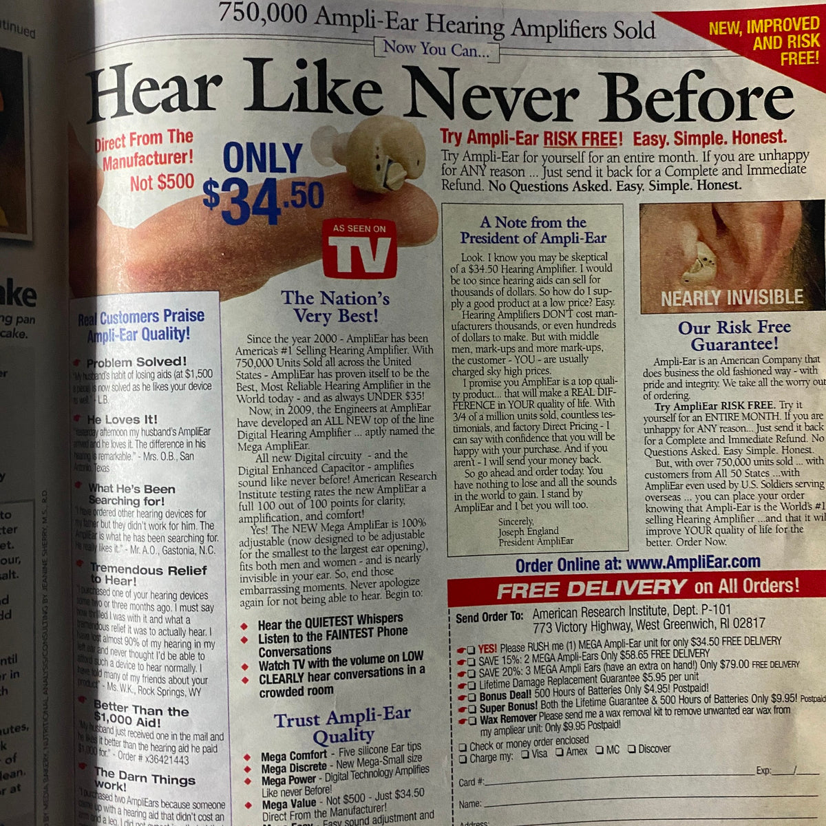 An advertisement for Ampli-Ear Hearing Amplifiers priced at $34.50, showcasing benefits and features of the product.