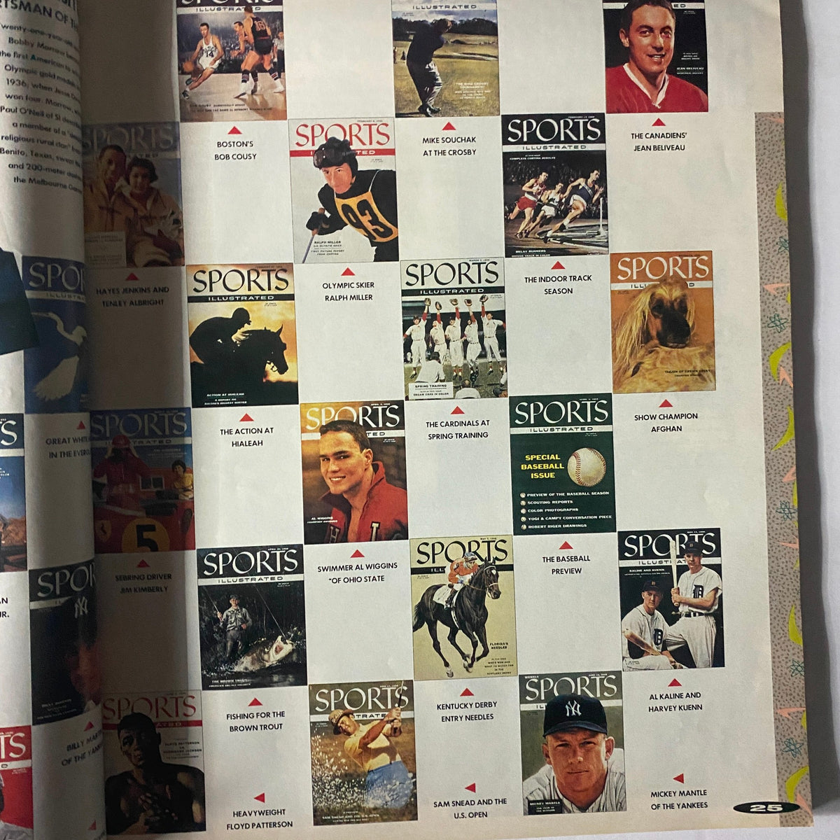 Inside page of Sports Illustrated Magazine March 28, 1990, featuring a grid layout of famous magazine covers highlighting notable athletes and events in sports history.