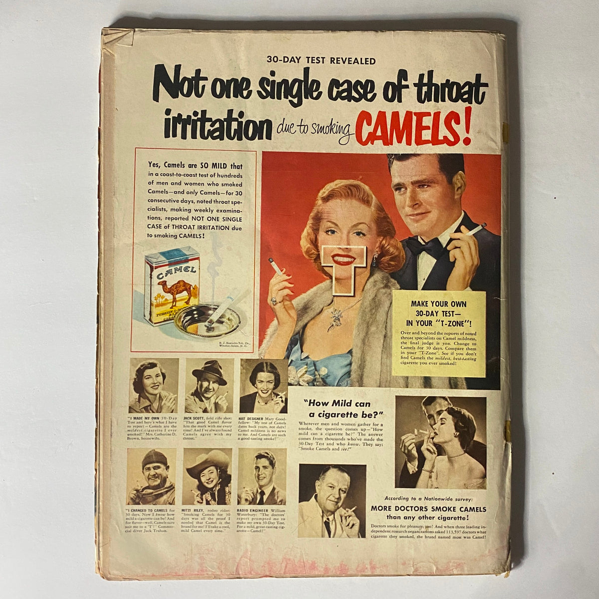 Back cover of Life Magazine from October 10, 1949 featuring an advertisement for Camel cigarettes, showcasing vibrant imagery of a woman and a man, promoting their 30-day test revealing no throat irritation from smoking. This collectible magazine includes insights into the post-war era.