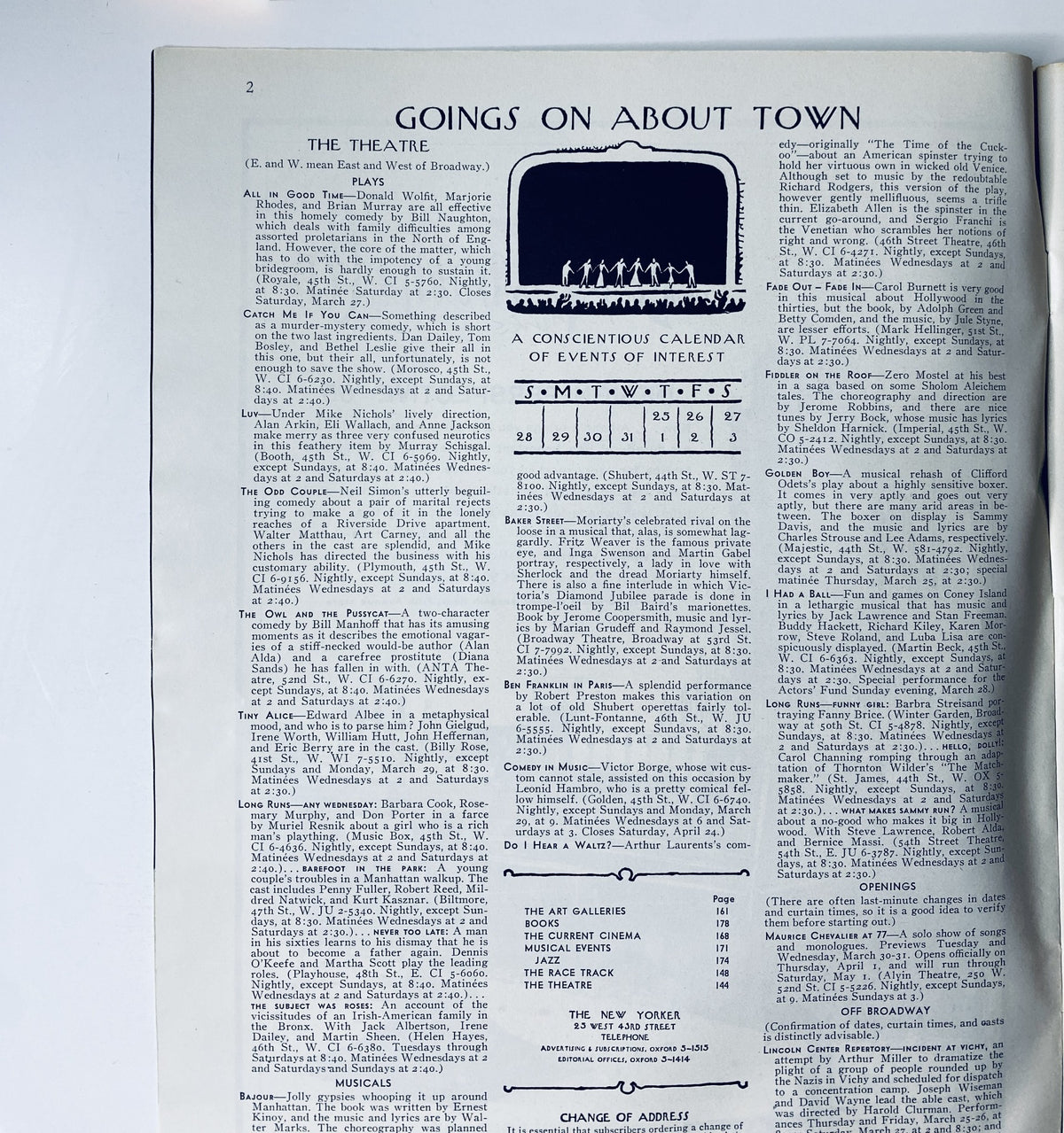 Inside page of The New Yorker Magazine from March 27, 1965, showcasing the calendar of events section titled 'Goings on About Town,' detailing theater plays, musical events, and cultural happenings.