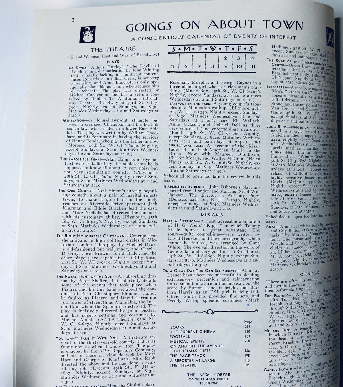 Interior page from The New Yorker Magazine December 4, 1965, detailing theatrical events in New York City, providing a calendar of happenings.