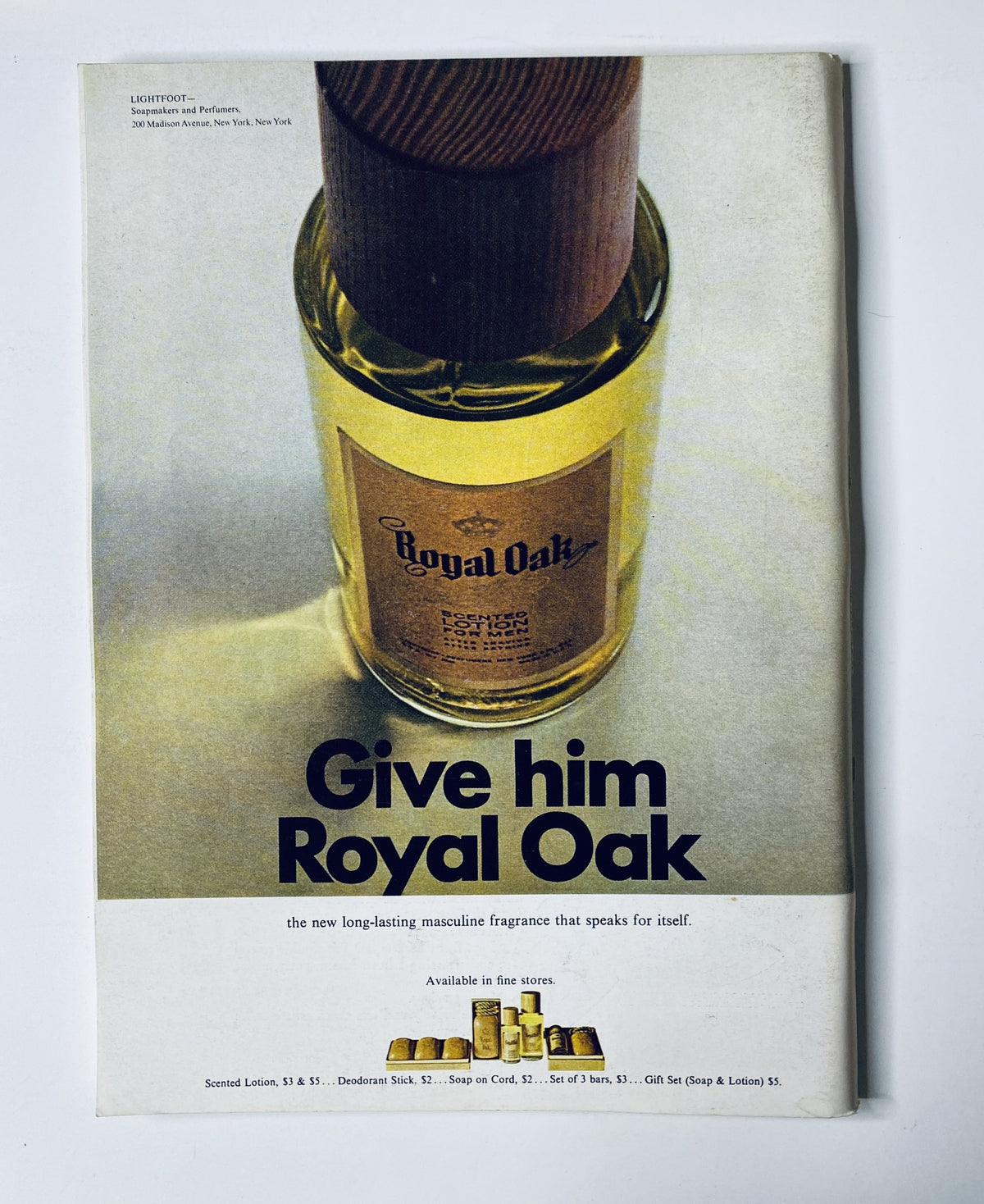 Advertisement for Royal Oak men’s fragrance in The New Yorker Magazine December 4, 1965, showcasing the perfume bottle and promotional tagline.