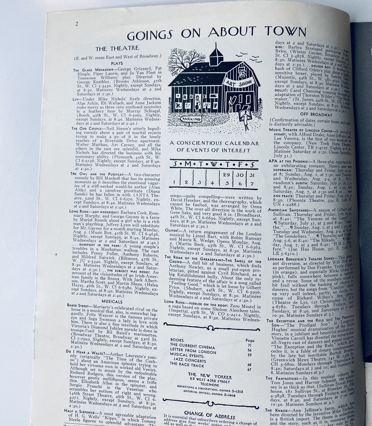 The New Yorker Magazine July 3, 1965, featuring a section titled 'Goings on About Town' with listings of cultural events, showcasing vintage typography and layout.