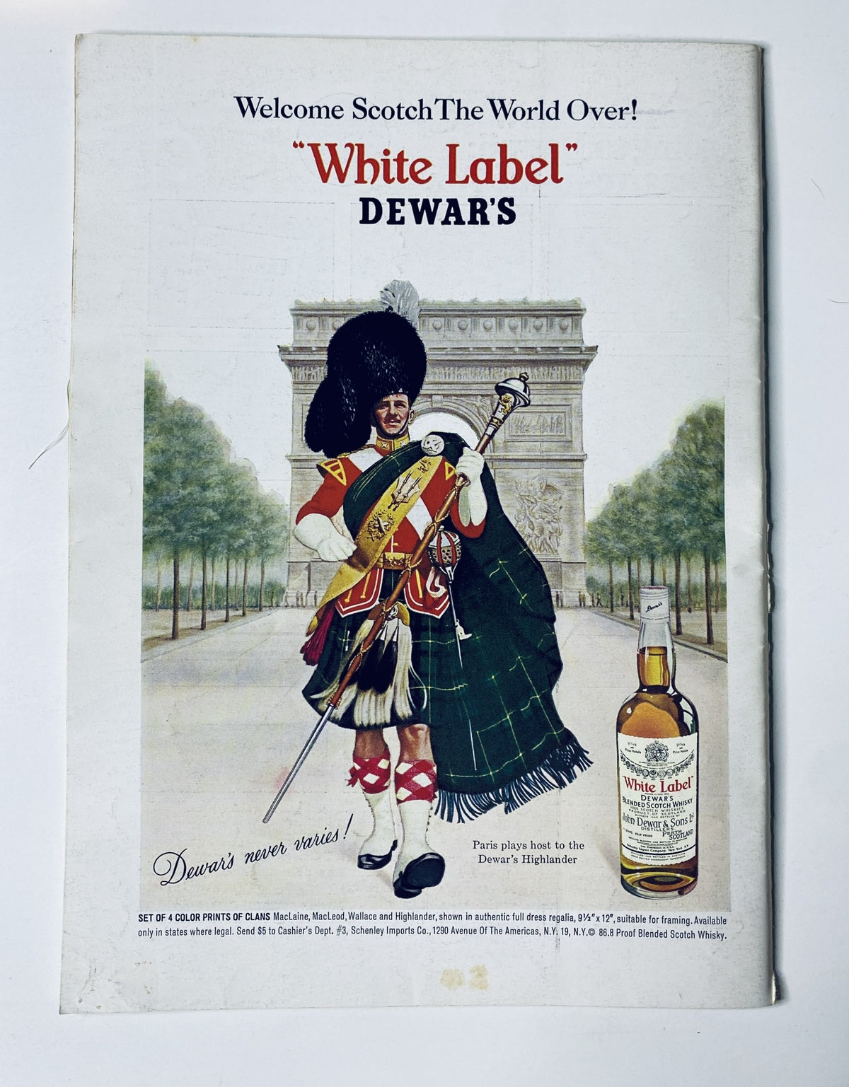 The New Yorker Magazine July 3, 1965, featuring an advertisement for Dewar's White Label Scotch, depicting a man in traditional Scottish attire against a picturesque backdrop of Paris.