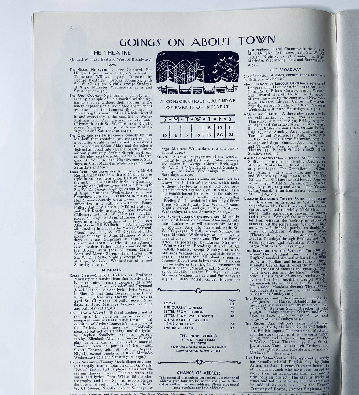 Interior page of The New Yorker Magazine August 14, 1965, detailing 'Goings On About Town' with events calendar and information, providing insights into cultural happenings.
