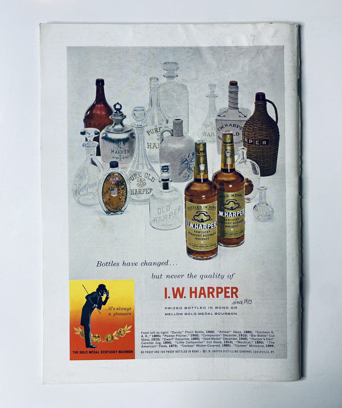Advertisement page from The New Yorker Magazine August 14, 1965 for I.W. Harper bourbon, displaying various vintage bottles and highlighting quality and elegance.