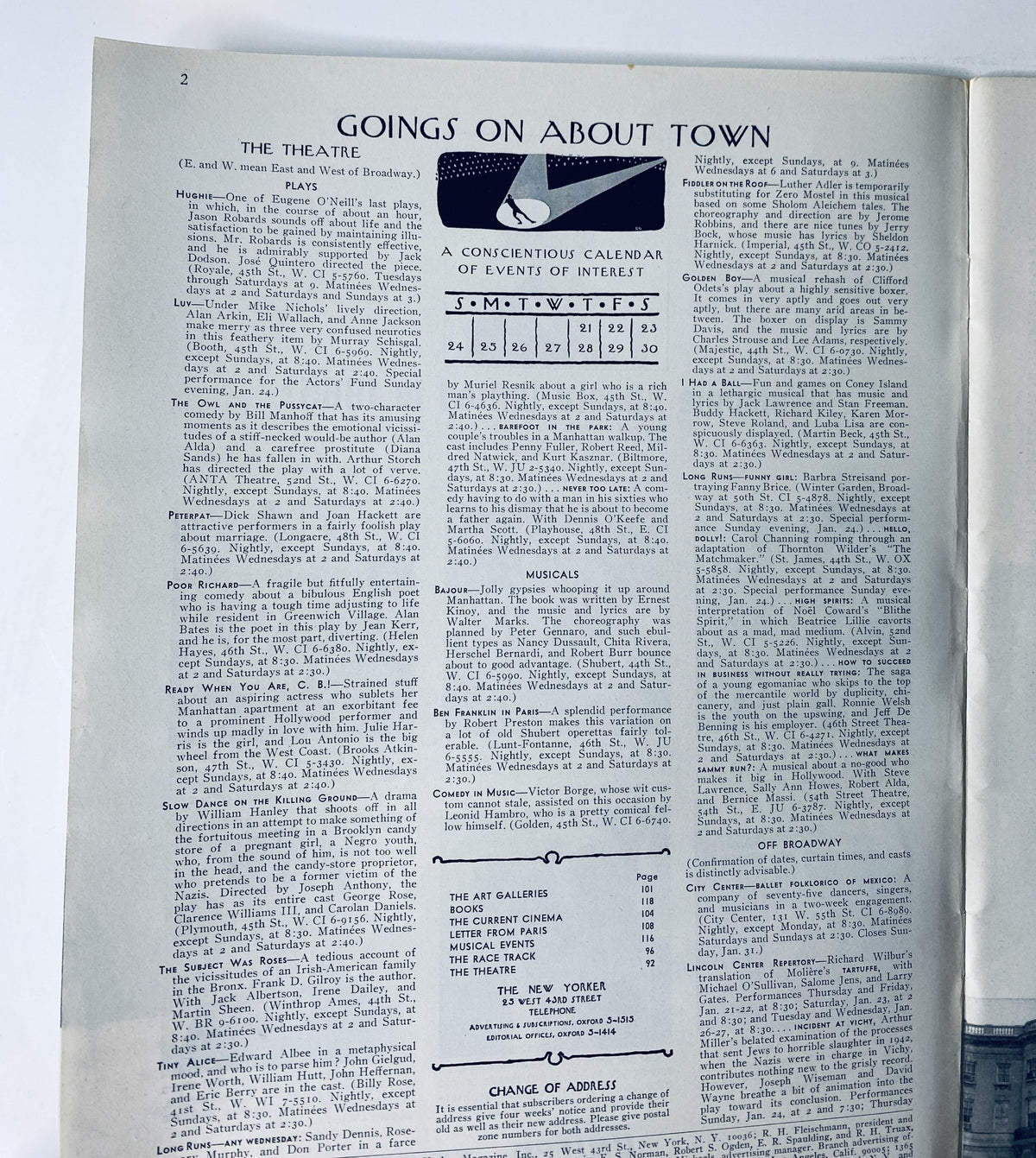 Goings on About Town page from The New Yorker Magazine January 23, 1965 Orchestra Rehearsal Arthur Getz Cover, featuring a detailed calendar of events and listings for musicals and the theatre.