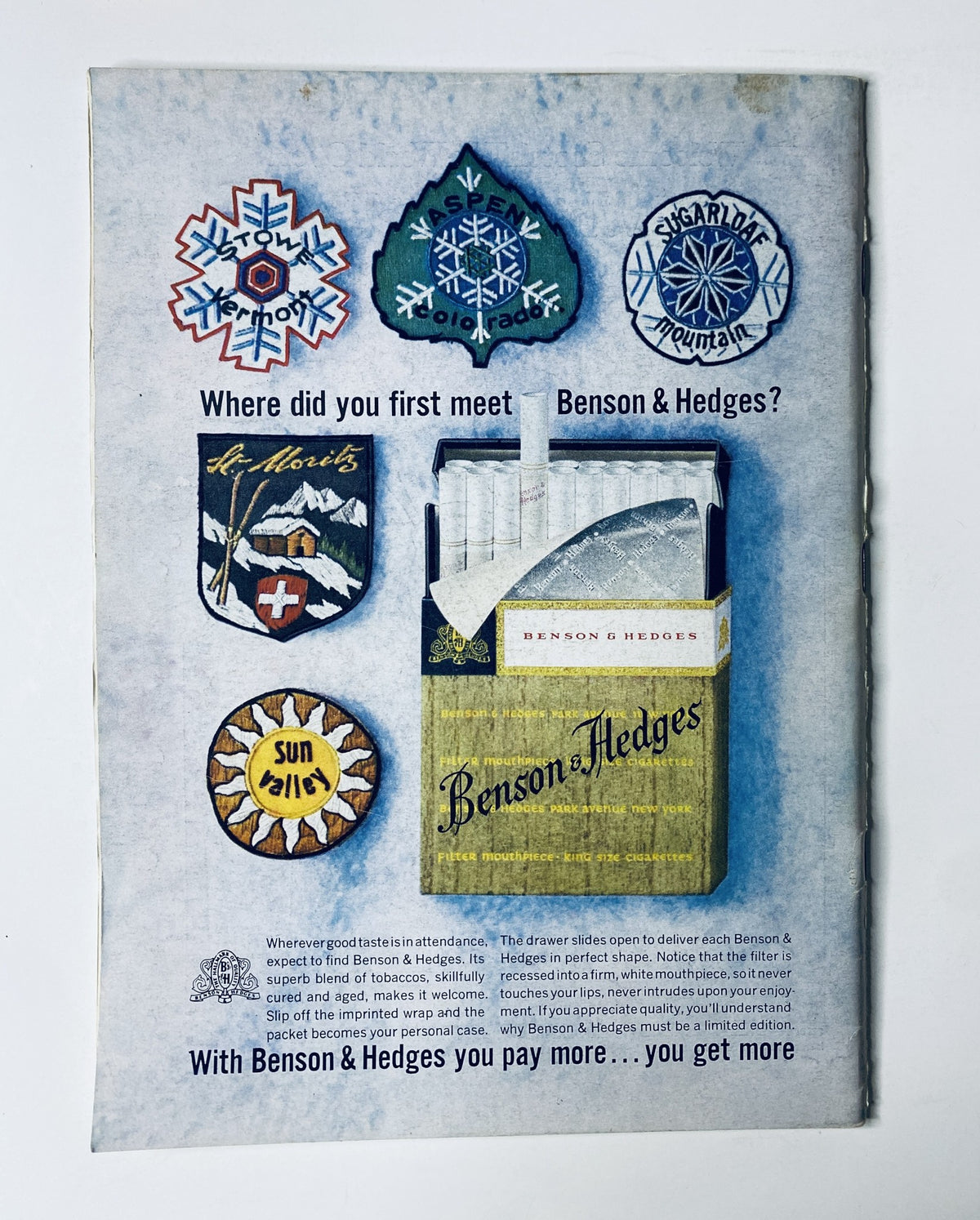 Vintage advertisement for Benson & Hedges cigarettes in The New Yorker Magazine January 23, 1965 Orchestra Rehearsal Arthur Getz Cover, showcasing various social badges and a call to action for brand loyalty.