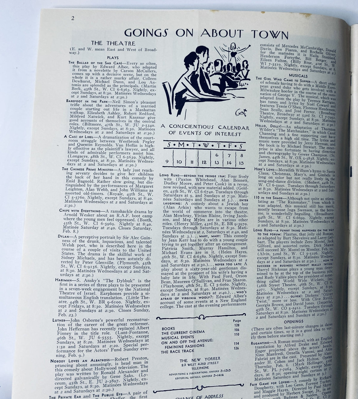 Inside page of The New Yorker Magazine February 8, 1964 showcasing the 'Goings On About Town' section, highlighting a calendar of events including theatre and arts.