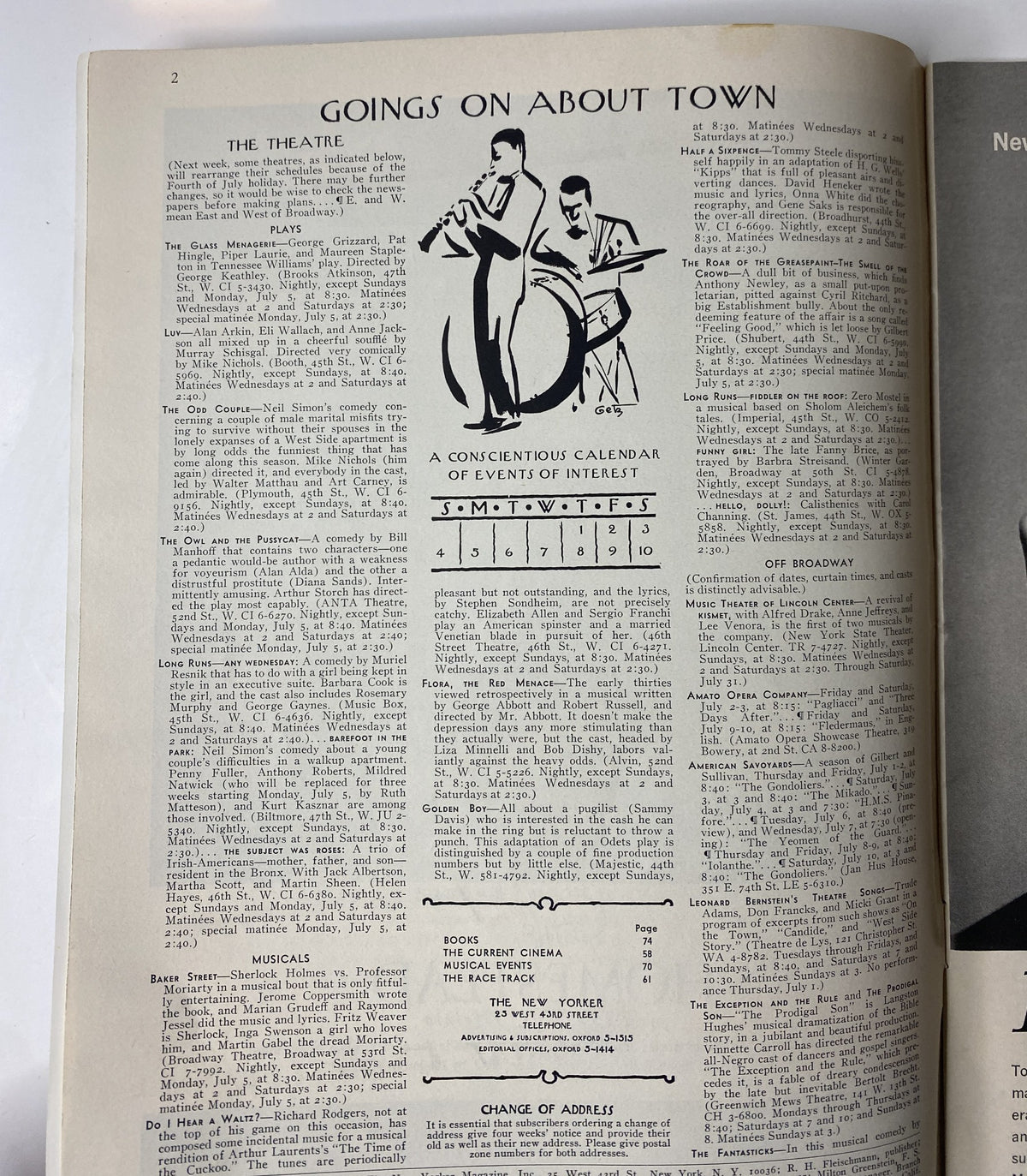 Inside page of The New Yorker Magazine July 3, 1965 showing the 'Goings on About Town' section with a calendar of events, adding depth to the magazine's cultural offerings.