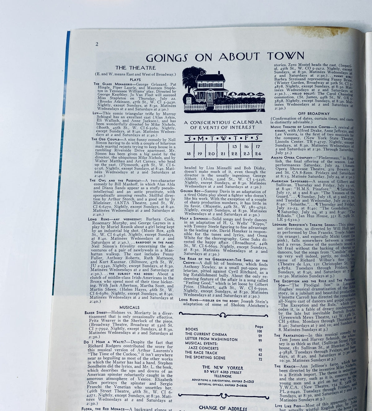 Inside page of The New Yorker Magazine July 17, 1965, displaying the 'Goings On About Town' section, with listings of theatrical events and cultural happenings.