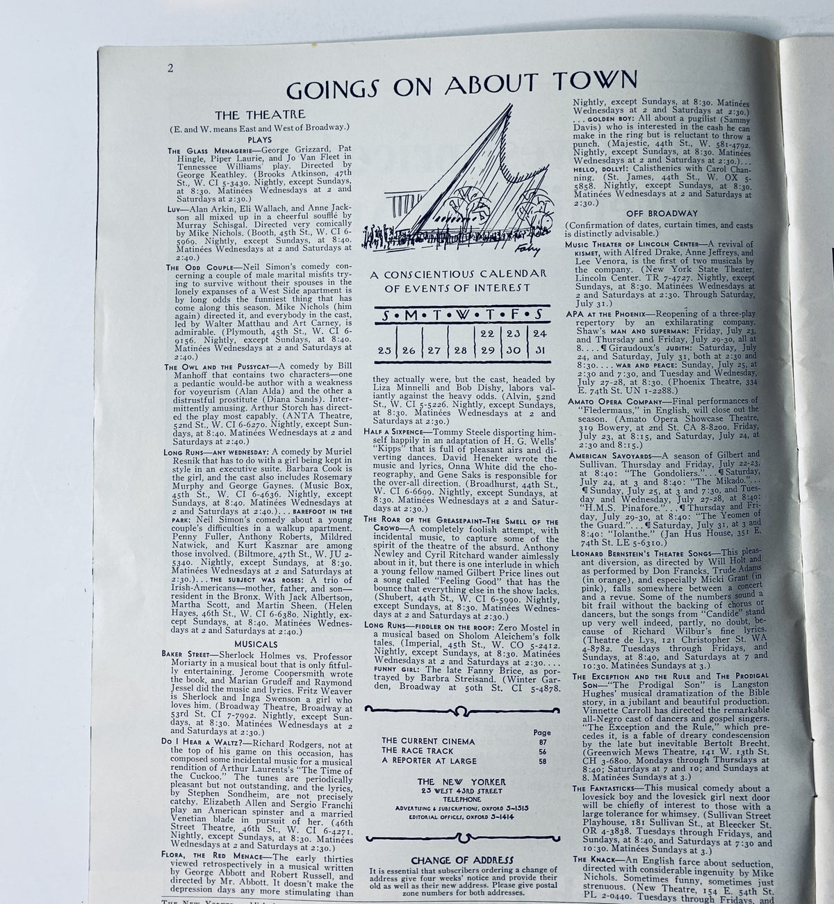 Inside page of The New Yorker Magazine July 24, 1965, titled 'Goings On About Town', featuring a calendar of events and listings for the theatre.