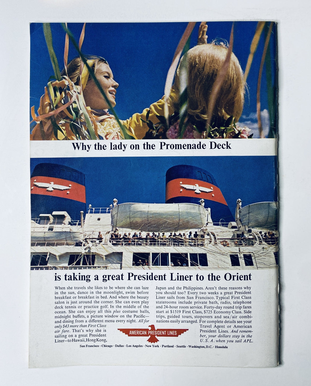 Advertisement page from The New Yorker Magazine July 24, 1965, promoting President Liner travel to the Orient, featuring an image of a ship on the water and festive decorations.