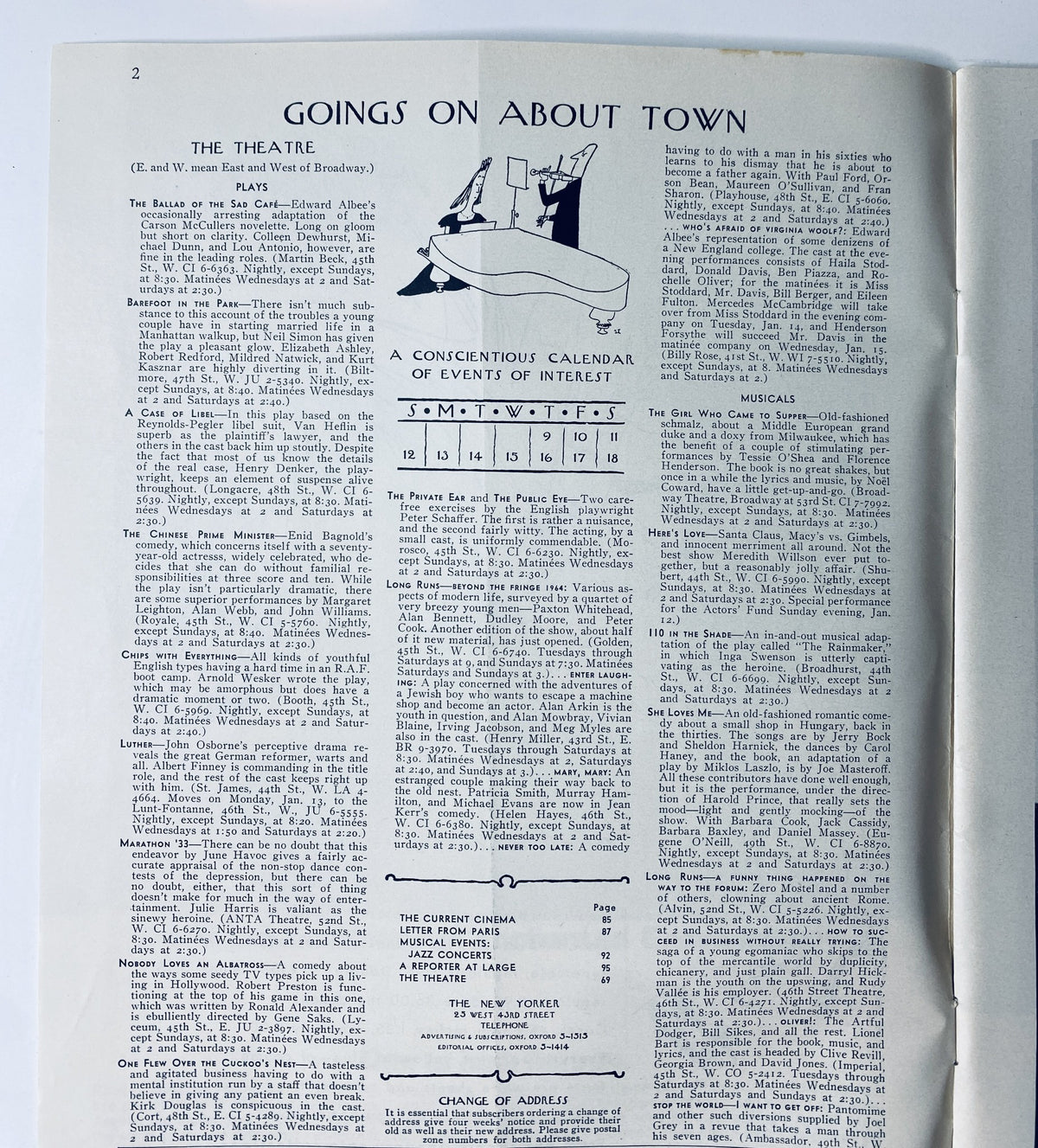 Inside page of The New Yorker Magazine January 11, 1964, displaying the 'Goings On About Town' section with listings of events and theatre happenings.