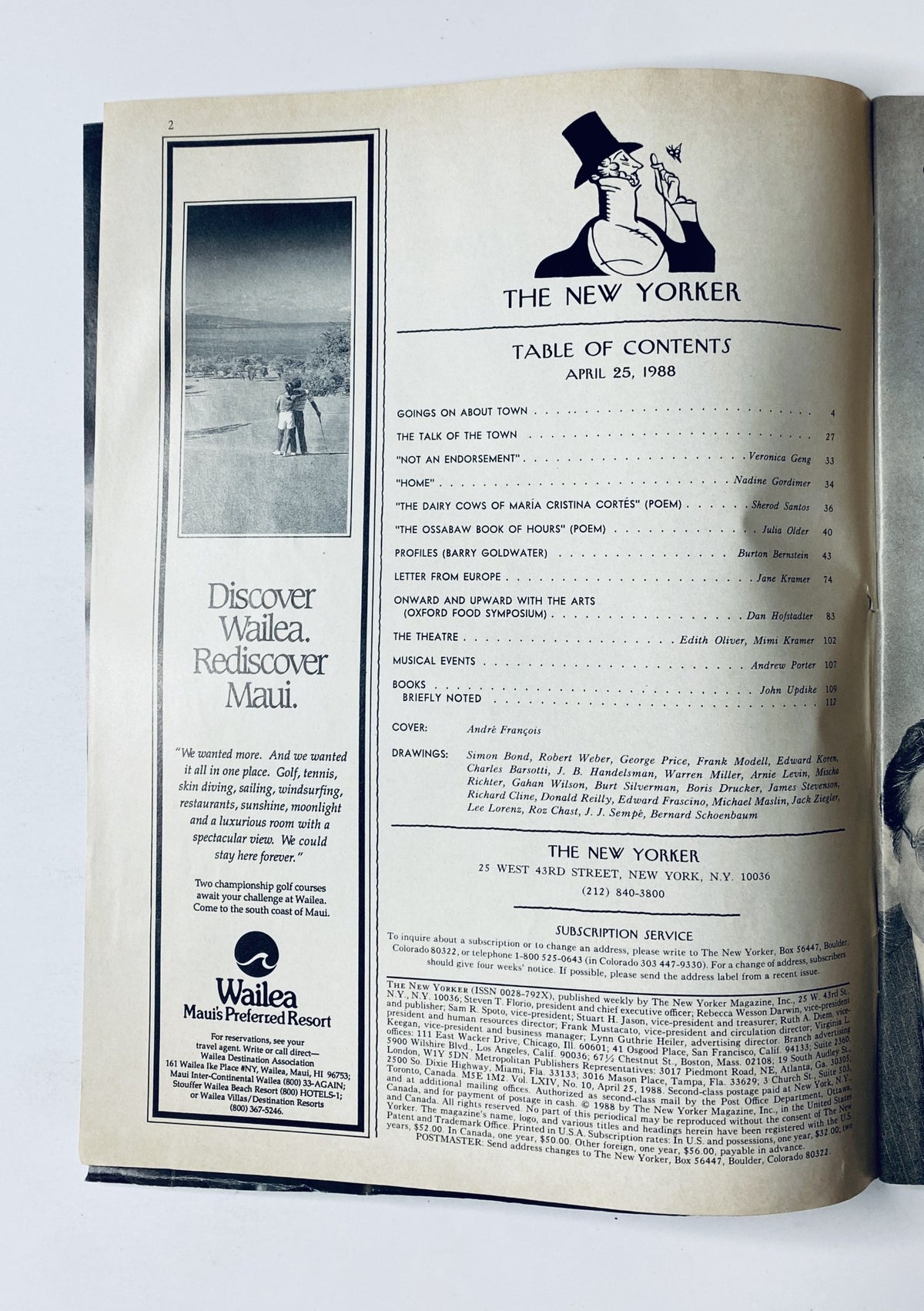 Interior page of The New Yorker Magazine April 25, 1988, showcasing the Table of Contents.