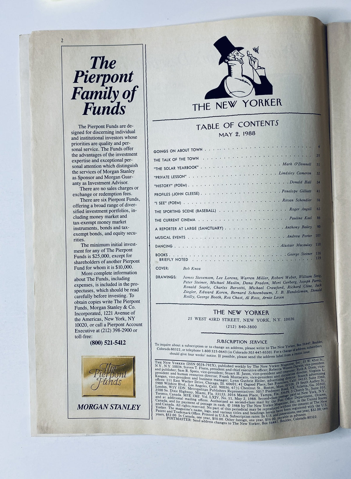 Inside page of The New Yorker Magazine May 2, 1988 displaying the Table of Contents, including Goings on About Town and various articles from notable contributors.