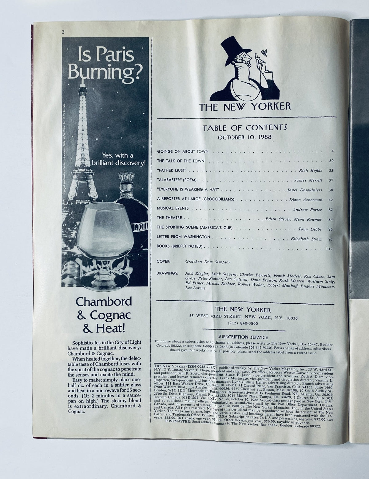 Table of contents page from The New Yorker Magazine, October 10, 1988, detailing articles and features.